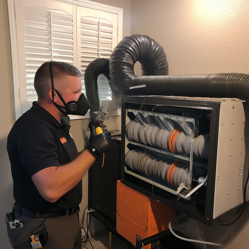 One of our air duct cleaning technicians sanitizing HVAC equipment in a home.